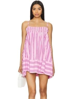 Free People We the Free Pajama Party Tunic Pink Striped Smocked Mini Dress XL